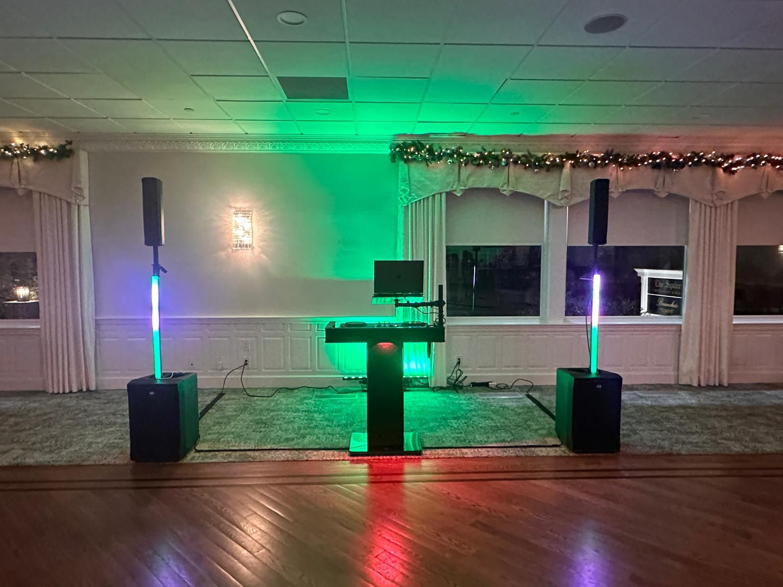 DJ speakers and lighting at a reception